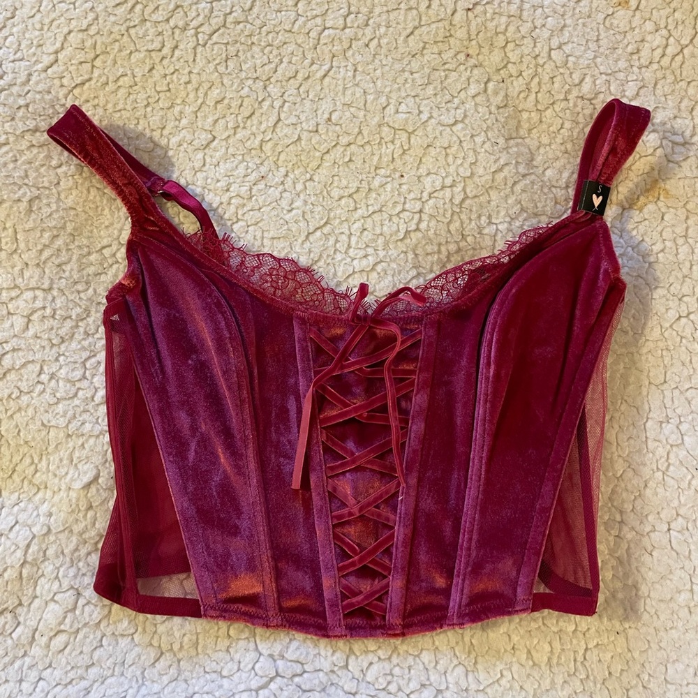 VICTORIA’S SECRET CLARET RED UNLINED LACE UP VELVET CORSET TOP - Picture 4 of 7